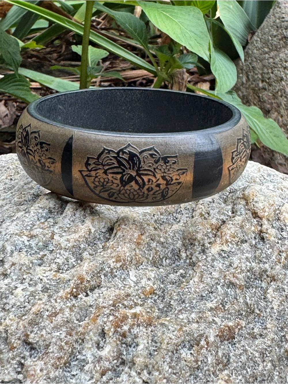 Vintage Carved Wood Bangle Bracelet Floral Black Brown Boho Statement
